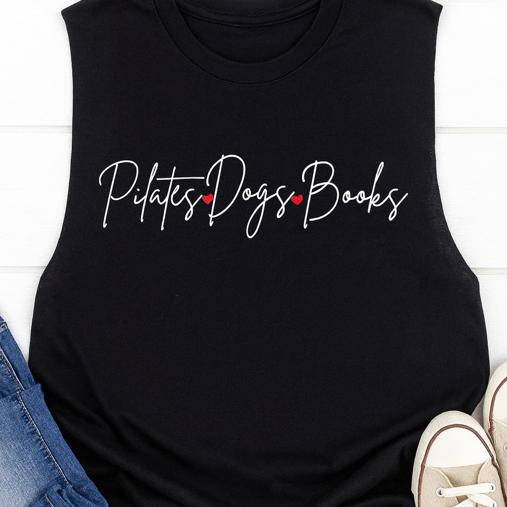 Bella & Canvas Muscle Tank ‘Pilates ❤️ Dogs ❤️ Books’ Crop Muscle Tee